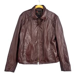 VTG 90s Leather Moto Biker Jacket Women M Oxblood Brown Zip Minimalist Reed 80s